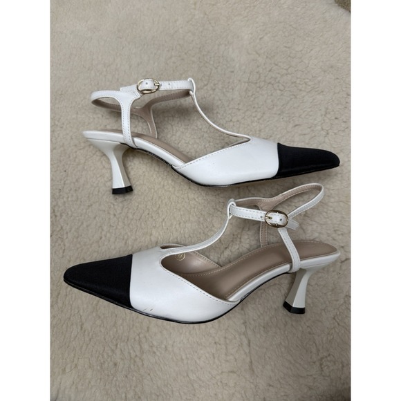 Coutgo Womens Kitten Heels Slingback Pumps Closed‎ Pointed Toe Two Tone Ankle 6 - Picture 4 of 10